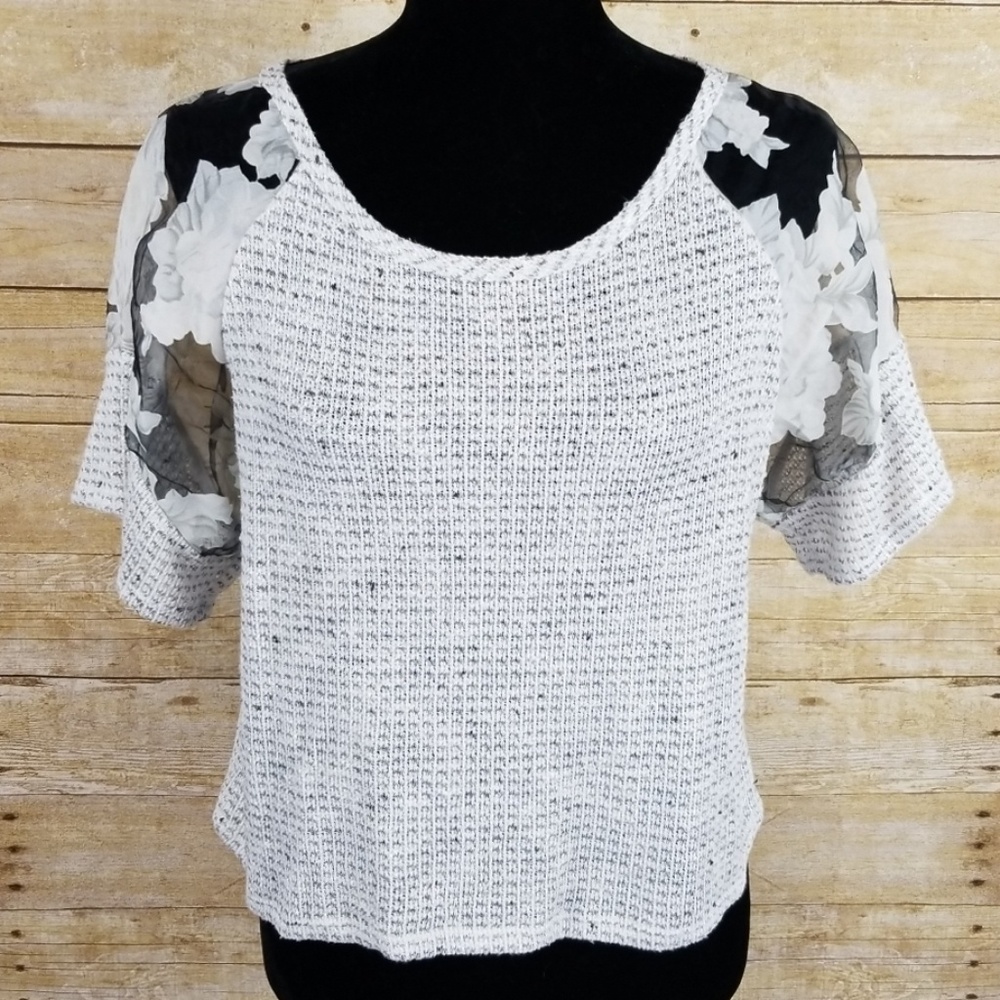 Paper Crane Crop Top With Sheer Floral Sleeves